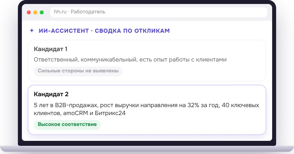 Сводка ИИ-ассистента по откликам: у кандидата с общими словами сильные стороны не выявлены, у кандидата с результатами в цифрах высокое соответствие