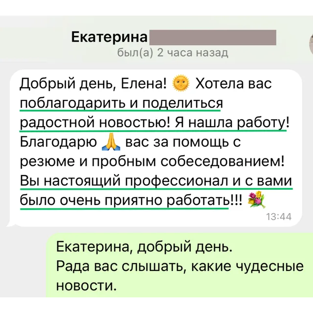 Скриншот переписки с отзывом Екатерины