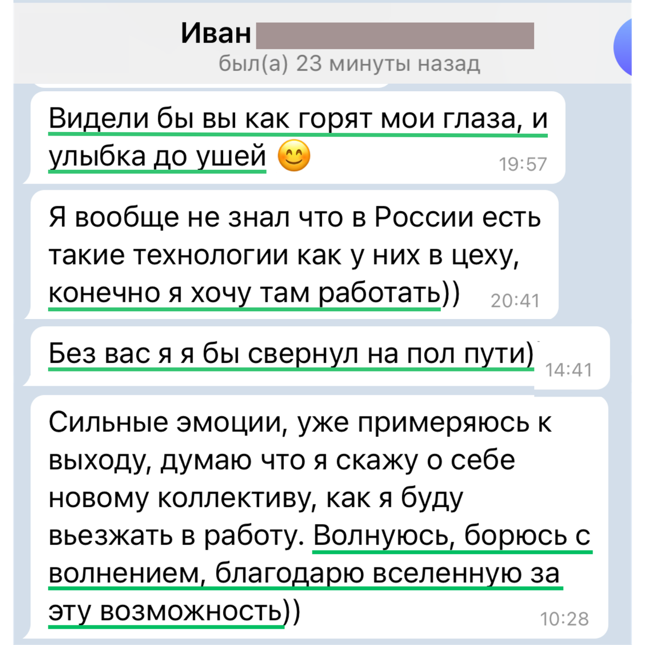 Скриншот переписки с отзывом Ивана