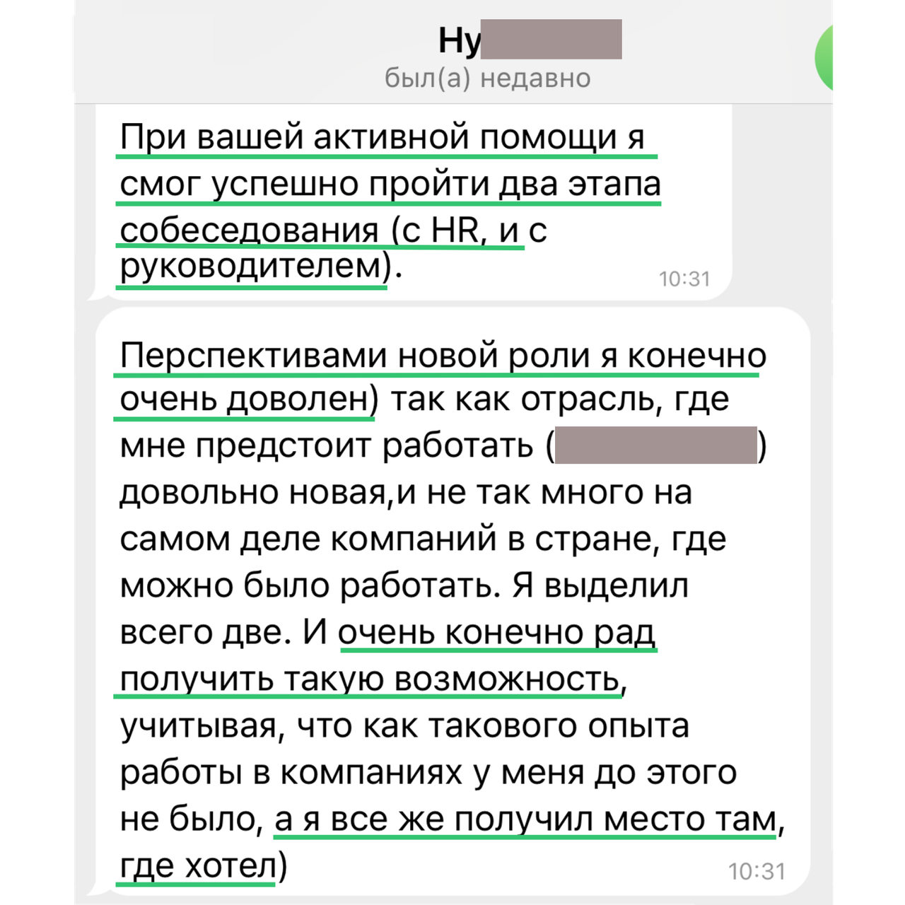 Скриншот переписки с отзывом Дениса