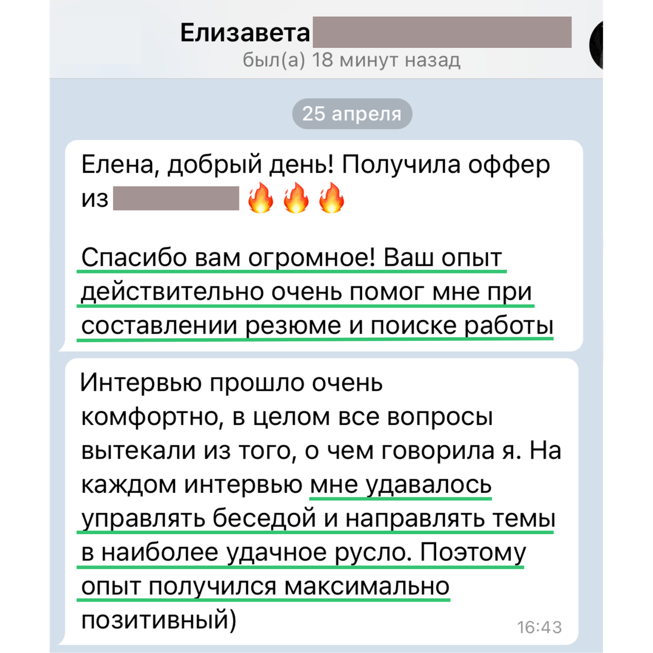 Скриншот переписки с отзывом Елизаветы